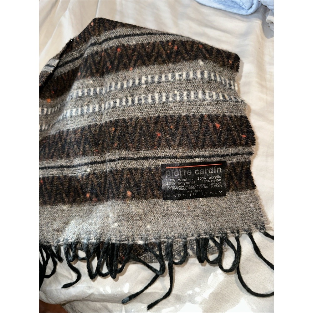Pierre Cardin Wool Blend Scarf Fringe Gray Black Brown White Stripes‎ Pattern
